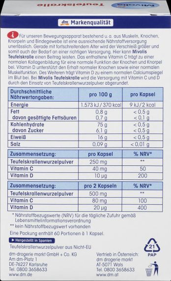 Капсули "Mivolis", рослини "Кіготь Диявола" (Гарпагофітум) для лікування суглобів, 60 шт., Німеччина | Зображення 2