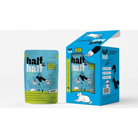 Набір вологих кормів Half&Half "5+1" Turkey in Gravy for Puppy для цуценят шматочки в соусі з індичкою паучі 6 шт х 100 г