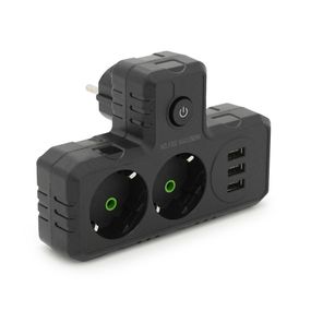 Розетка тройник Т-образный с заземлением F302-Black, 2 розетки + 3USB(1А), 2500W