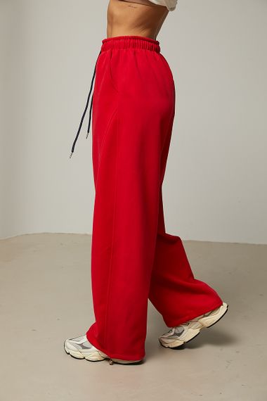 Однотонні спортивні штани із затяжками - червоний цвет, ONE SIZE (є розміри) | Зображення 4