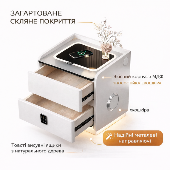 Умная расстраиваемая тумба YJXF01 White со встроенным сейфом, беспроводной зарядкой и Bluetooth-колонкой (Белая экокожа) | Зображення 4