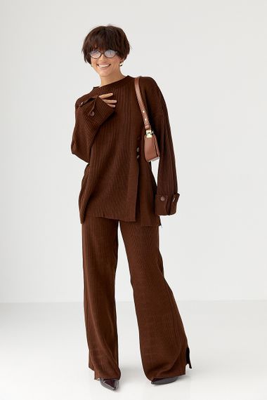 В'язаний костюм в рубчик вільною крою - коричневий цвет, ONE SIZE (є розміри) | Зображення 4