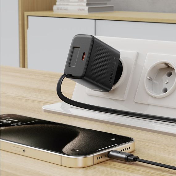 СЗУ Acefast A110 GaN With Retractable Cable Type-C PD30W (1USB-C) Black | Зображення 4
