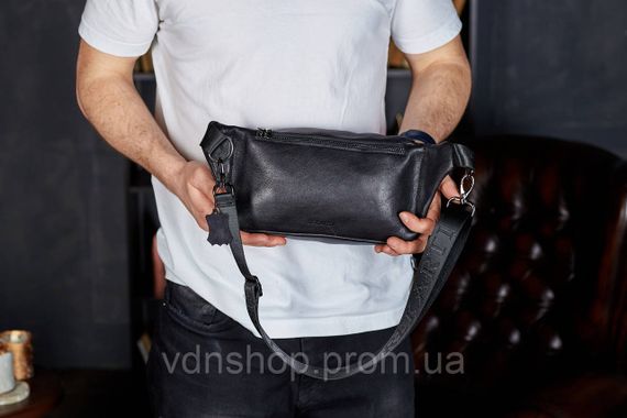 Стильна чоловіча бананка з натуральної гладкої шкіри 14х25х10, сумка нагрудна для телефону NM-50358 чорна | Зображення 4