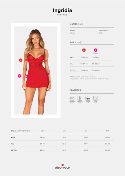 Пеньюар Obsessive Ingridia chemise & thong XS/S, червоний, сорочка, стрінги | Зображення 4