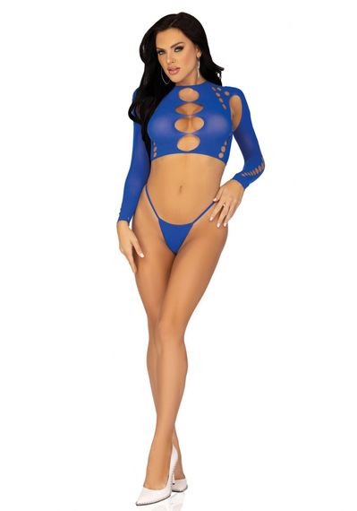 Комплект Leg Avenue Long sleeve crop top & string Royal Blue One Size, топ, стрінги | Зображення 5