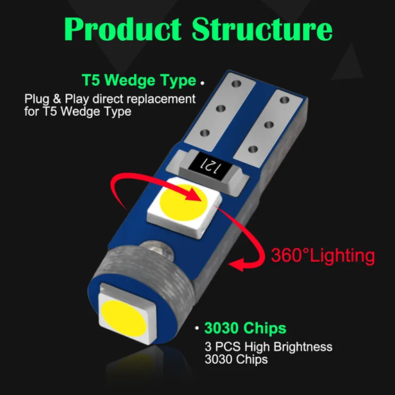 Автолампа світлодіодна T5 W2x4.6d, 3030 х 3 smd, червона, 12 В | Зображення 3