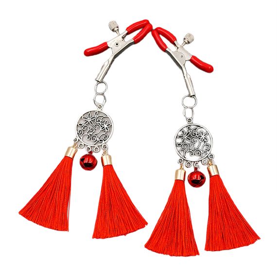 Зажимы на соски с кисточками из шелка красного цвета