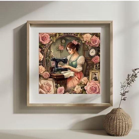 Набор для вышивки крестом JOZYSH «Девушка перед швейной машинкой» 14CT, 30x40 см, канва Аида с нанесенным рисунком | Зображення 4