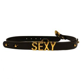 Чокер с надписью SEXY от UPKO из итальянской кожи, черный с золотой фурнитурой sexstyle