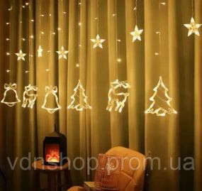 Гірлянда Штора з формами дзвіночок, ялинка, олень 12 PCS light