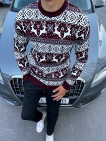 Мужской новогодний свитер с оленями низкий воротник PA2658 цвет бордовый, размер XL