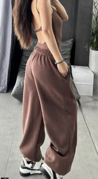 Женские широкие спортивные штаны с затяжками снизу SS675 цвет коричневый, размер onesize 42/46 | Зображення 2