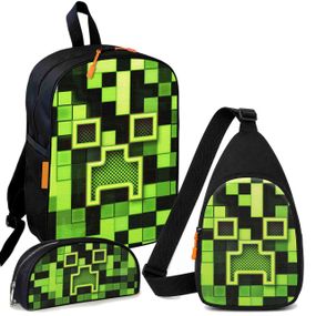 Набор Minecraft Крипер в пикселях 3 в 1: детский рюкзак + сумка-слинг + пенал, для мальчика и девочки 7–9 лет (6142)