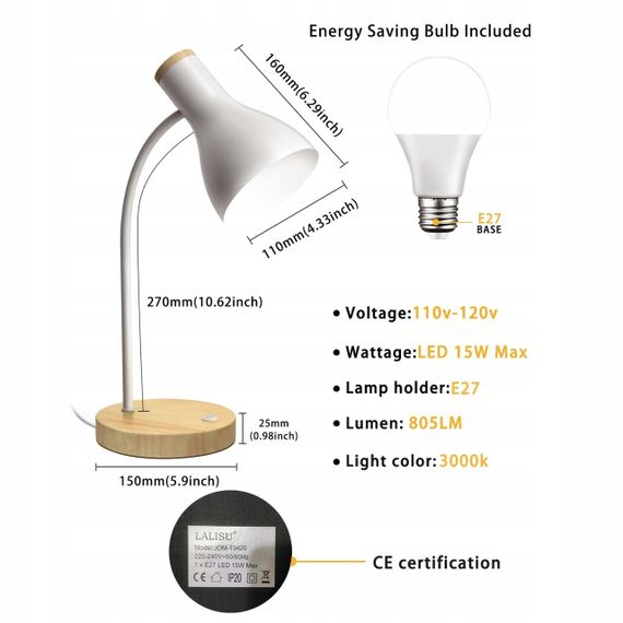 Lalisu настільна LED-лампа, дерев’яна регульована, біла | Зображення 1