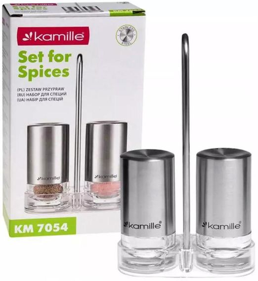 Набір для спецій Kamille Grinder Set перечниця / сільничка 2х40мл на сталевій підставці 10х17см | Зображення 1