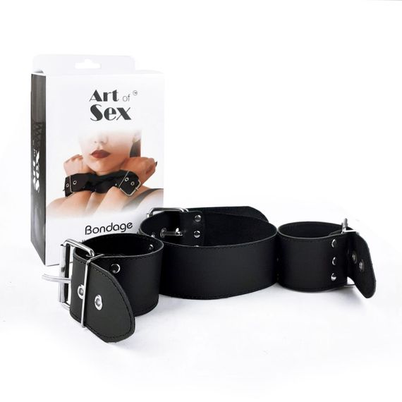 Ошейник с наручниками из натуральной кожи Art of Sex - Bondage Collar with Handcuffs Sex Aura