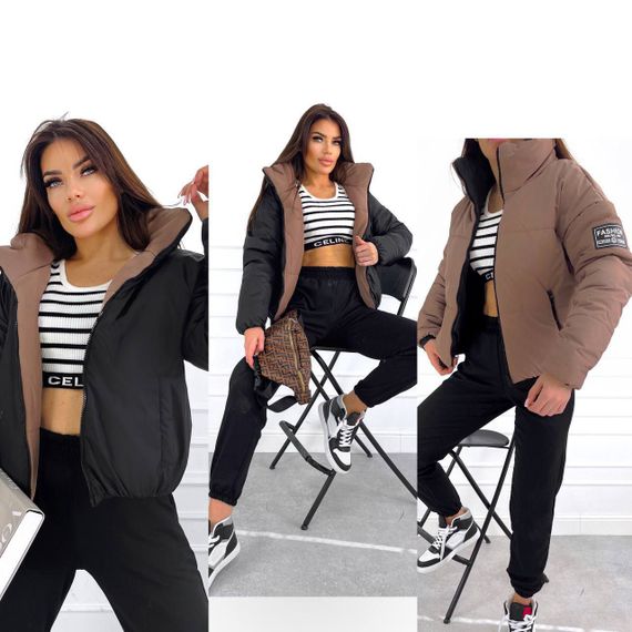 Женская утепленная короткая куртка двухсторонняя HV622 цвет мокко + черный, размер 46/48 | Зображення 4