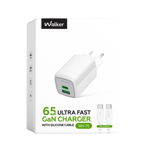 Зарядний пристрій мережевий USB/Type-C + кабель Type-C 65W білий GaN WALKER WH-75 white | Зображення 1