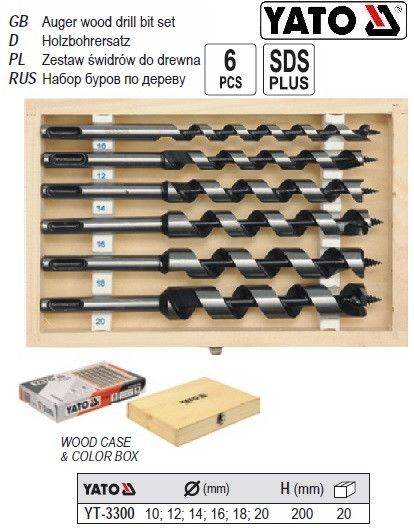 Набор сверла YATO свердла спіральні по дереву Ø=10-20 мм l=200 мм 6 штук YT-3300