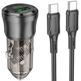 АЗП Borofone BZ25 Journey PD20W+QC3.0 total 38W (1USB-A/1C) + кабель Type-C to Type-C Transparent black