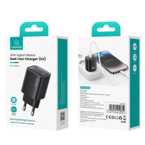 Зарядний пристрій Usams CC229 30W GaN 1USB A 1 Type-C Display Fast Charger black