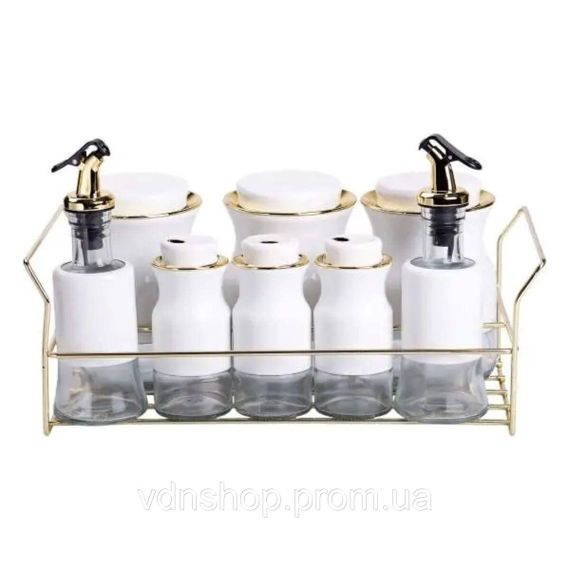 Набір для спецій на підставці з пляшками для олії та оцту 8 предметів Білий HP-1360W