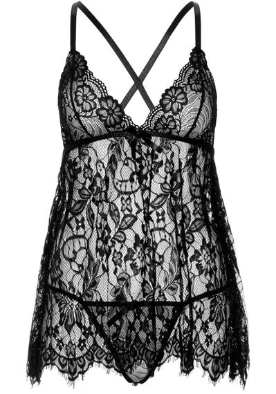 Сорочка бебі-дол Leg Avenue Floral lace babydoll & string Black S, стрінги | Зображення 2