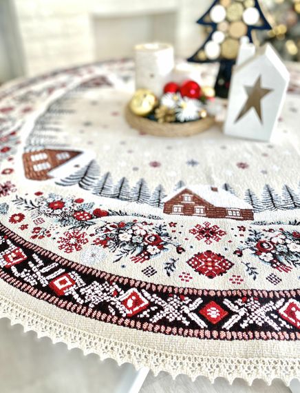 Скатертина гобеленова з мереживом HUTSUL Limaso, Ø90, Кругла, Новорічний, Без люрексу, з мікрофібою, 80% поліестер, 15% бавовна, 5% акрил, Гобелен | Зображення 4