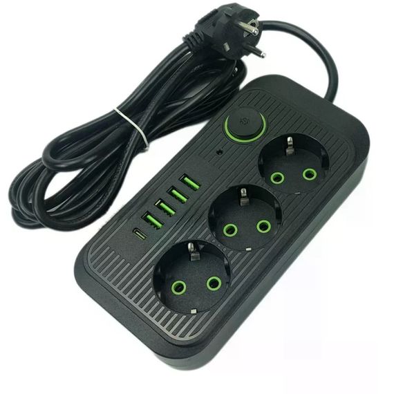 Сетевой фильтр Power Socket F09U 2500 Вт 2 м черный • Удлинитель Power Socket F09U на 3 розетки с 4 USB, PD Type-C и выключателем | Зображення 1