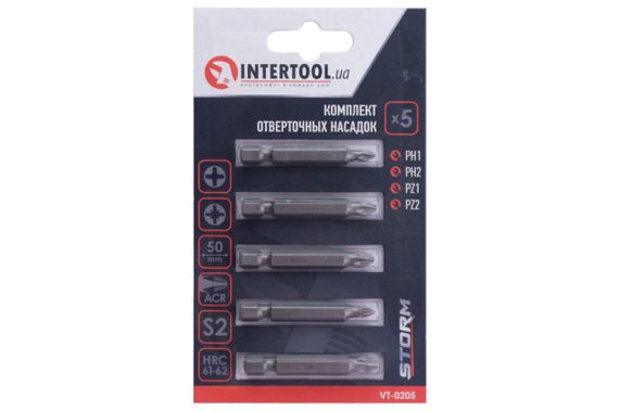 Набор бит Intertool - PH1 x PH2 x PZ1 x PZ2 x 50 мм Storm (5 шт.) (VT-0205) | Зображення 2