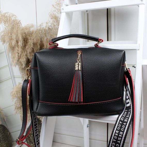 Сумка саквояж через плечо крос-боди 2 отделения тканевый ремень Черная с красным краем