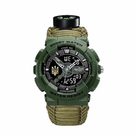 Спортивний чоловічий годинник Awarder 005P Тризуб золото Army Green Паракордовий ремінець Army Green + Коробка