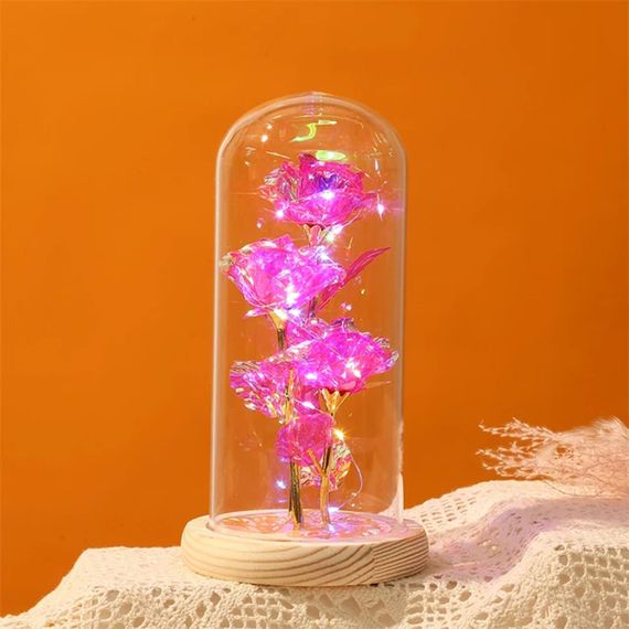 Тройная роза в колбе с LED подсветкой 21 см, на батарейках / Вечная роза ночник / Три розы под куполом | Зображення 1