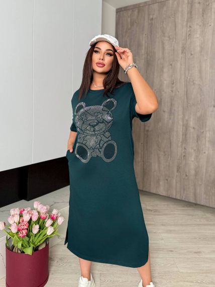 Женское платье-футболка длинное с коротким рукавом, больших и батальных размеров IS872, цвет зеленый, размер 50/52 | Зображення 3