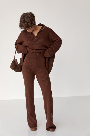 Вільний костюм в рубчик зі светром і прямими штанами - коричневий цвет, ONE SIZE (є розміри) | Зображення 4