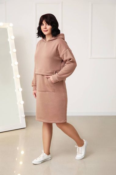 Женское теплое платье-худи в спортивном стиле на флисе GF2556 размер 42/44, цвет капучино | Зображення 2