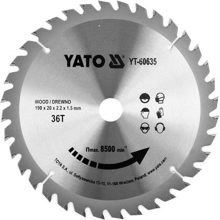 Диск пиляльний победітовий по дереву 190x20мм 36 зубів YATO YT-60635