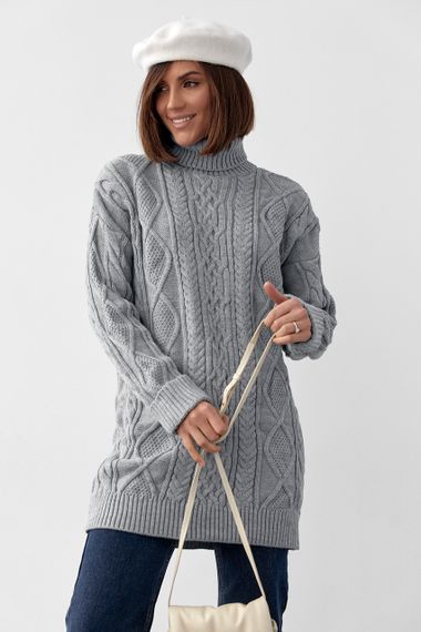 Женская вязаная туника с высоким воротником и косичками - серый цвет, M (есть размеры) | Зображення 5