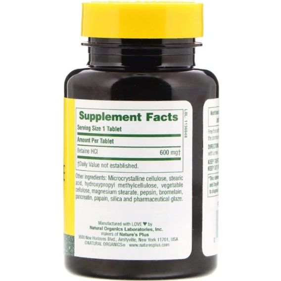 Бетаїну гідрохлорид Nature's Plus Betaine Hydrochloride 600 mg 90 Tabs NAP-04370 | Зображення 1
