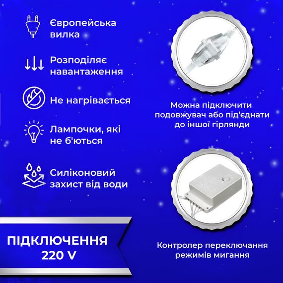 Гірлянда штора 3х2 м 144 LED світлодіодна мідний провід 16 ниток Синій ZWM2320LEDBL | Зображення 3