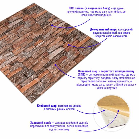 Самоклеюча 3D панель під камінь червоний пісковик 700x770x3мм (58-3) SW-00001319 | Зображення 1