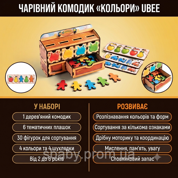 Дерев'яний сортер Ubee Чарівний комодик кольори, дитяча розвивальнаа гра 30 деталей | Зображення 2