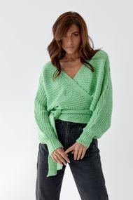 Коротка в'язана кофта із запахом та поясом QU STYLE - салатовий цвет, ONE SIZE (є розміри)