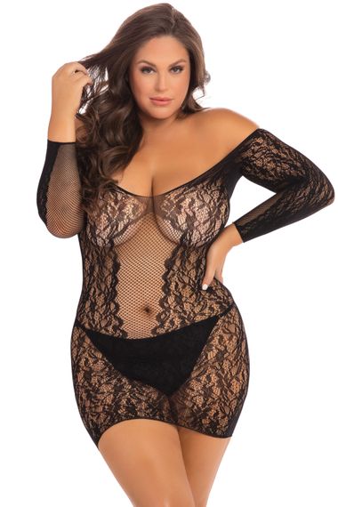 Сукня Rene Rofe Lingerie мереживна, з довгими рукавами та відкритими плечима, чорний, XL/2XL