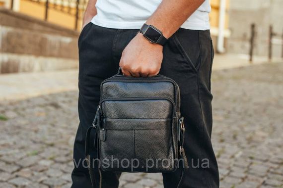 Сумка через плечо из натуральной кожи 22х24х6 / мессенджер для активного мужчины, черный | Зображення 2