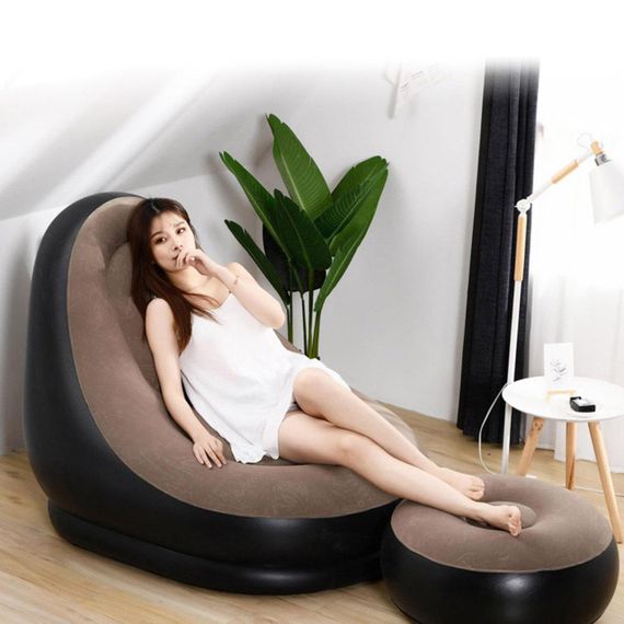 Надувний диван з пуфом та насосом (116х98х83см), Air Sofa, Коричневий / Надувне крісло для відпочинку | Зображення 1