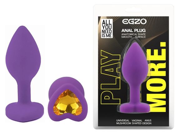 Анальна пробка EGZO Silicone Heart Plug S фіолетова з жовтим кристалом Sex Aura