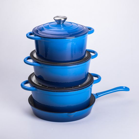 Набір чавунного посуду для приготування 3 каструлі та сковорода з емальованим покриттям Синій | Зображення 2