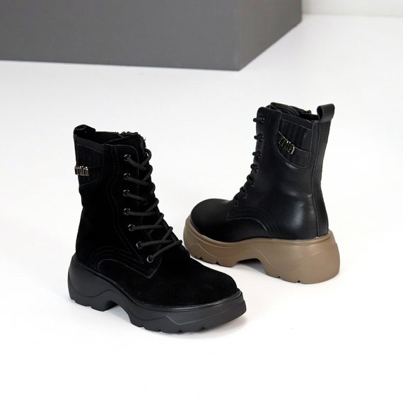 Черные зимние высокие кожаные ботинки берцы на бежевой подошве | Зображення 9